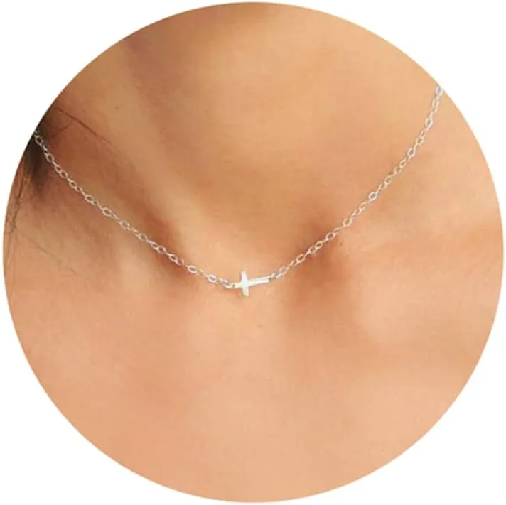 Silver Choker Necklace for Women - Dainty Sideways Cross, Simple Bar, Cute Jewelry