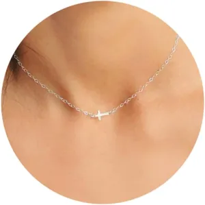 Silver Choker Necklace for Women - Dainty Sideways Cross, Simple Bar, Cute Jewelry