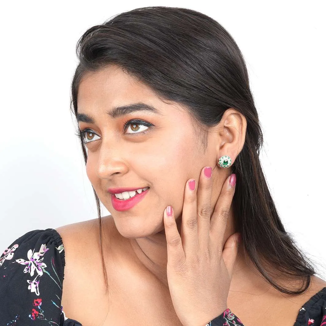 Silver Cluster Green Circle Studs