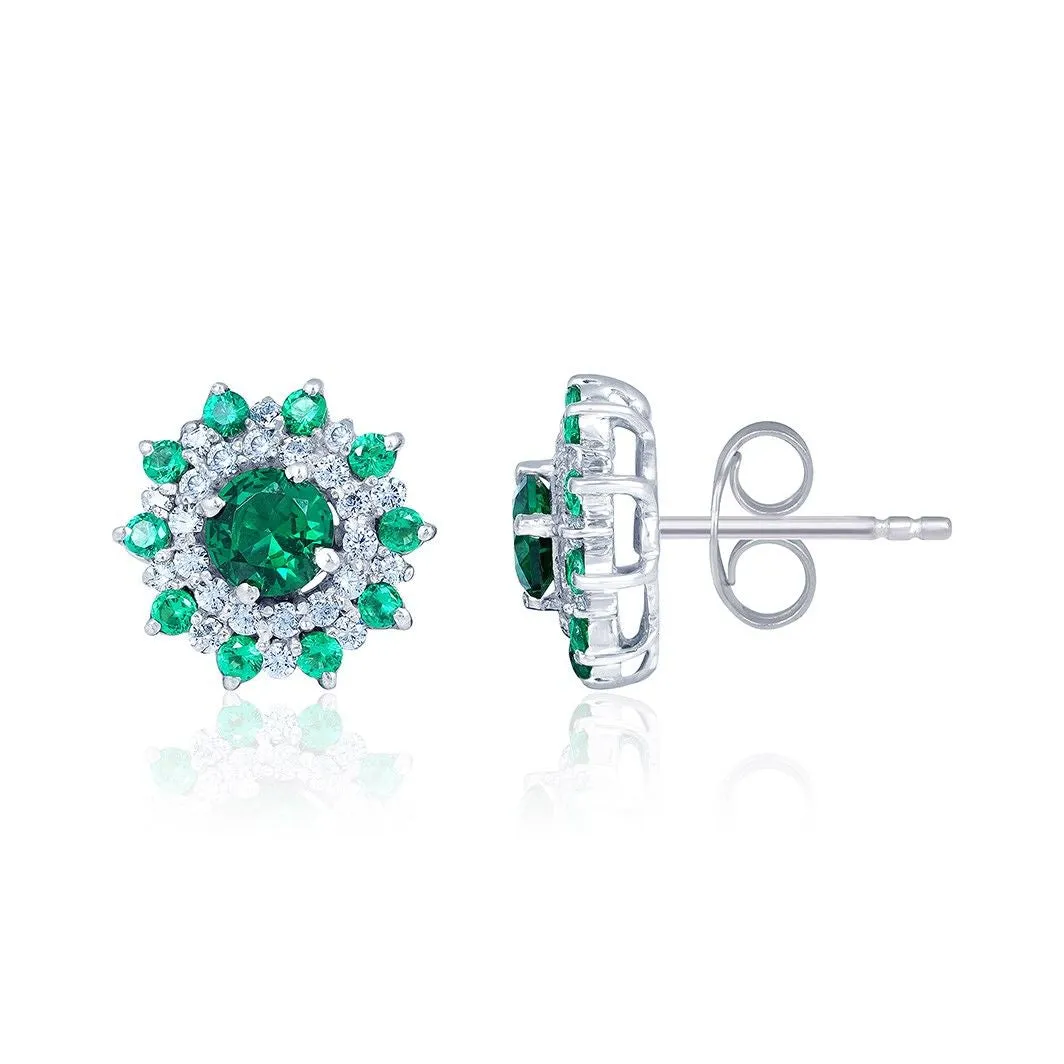 Silver Cluster Green Circle Studs