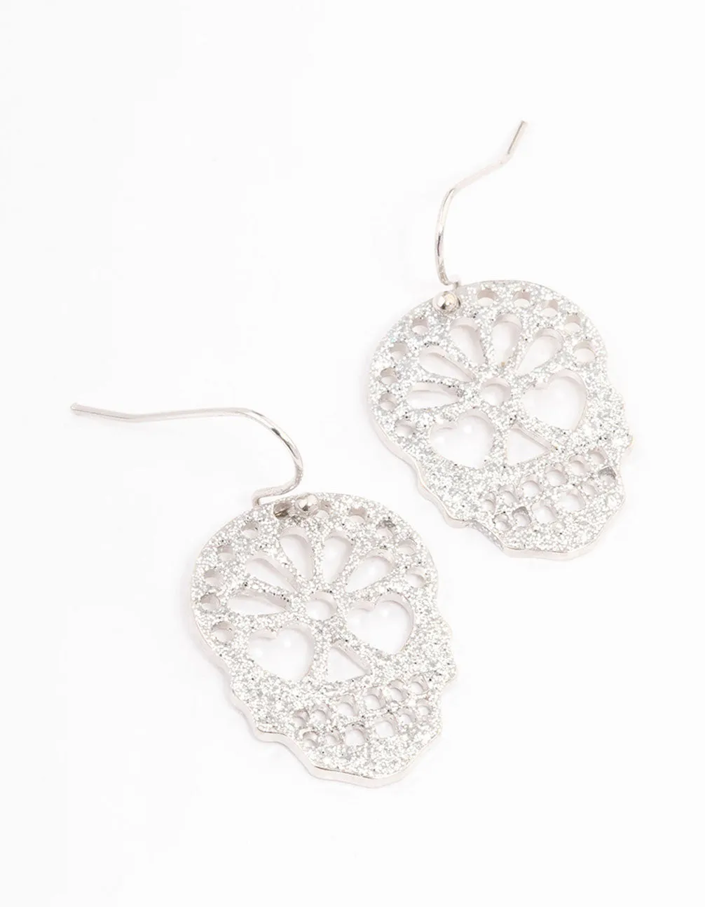 Silver Glitter Skull Drop Earrings