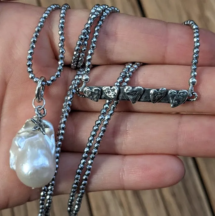 Silver Hematite & Large White Baroque Pearl Pendant Necklace