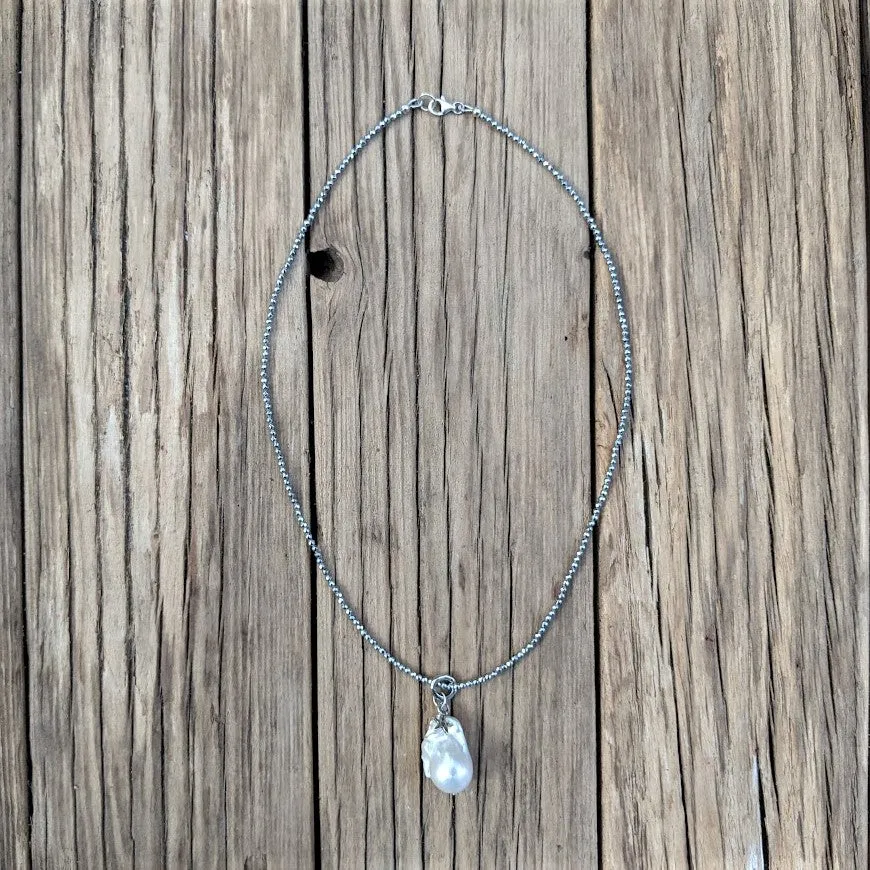 Silver Hematite & Large White Baroque Pearl Pendant Necklace