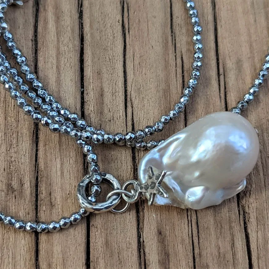 Silver Hematite & Large White Baroque Pearl Pendant Necklace