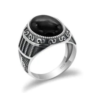 Silver Natural Black Agate Stone Handmade Ring