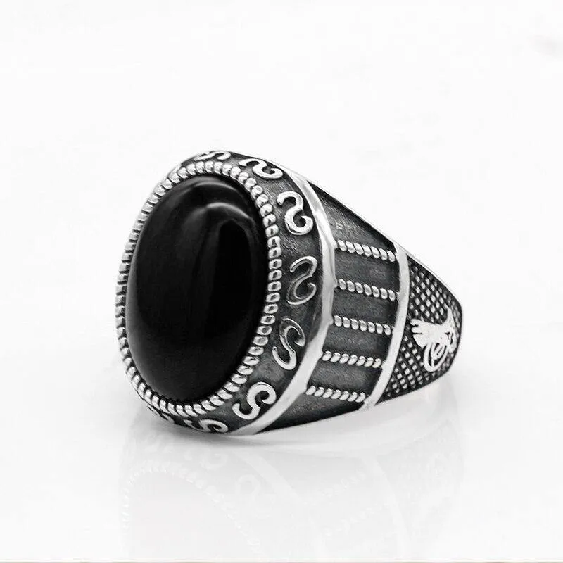 Silver Natural Black Agate Stone Handmade Ring