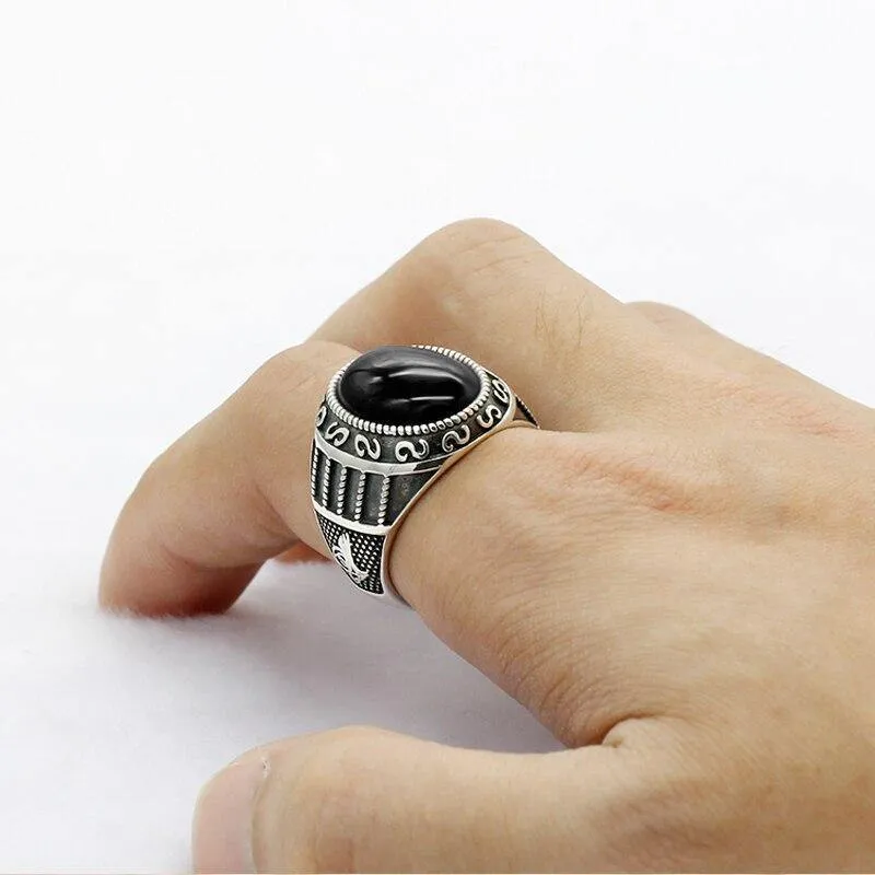 Silver Natural Black Agate Stone Handmade Ring