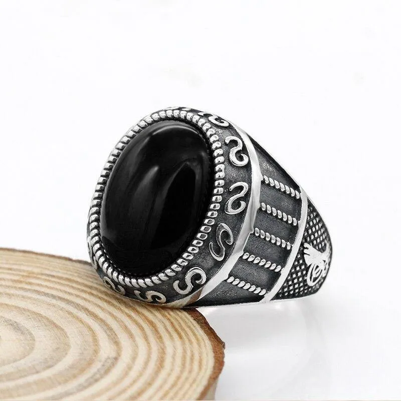 Silver Natural Black Agate Stone Handmade Ring