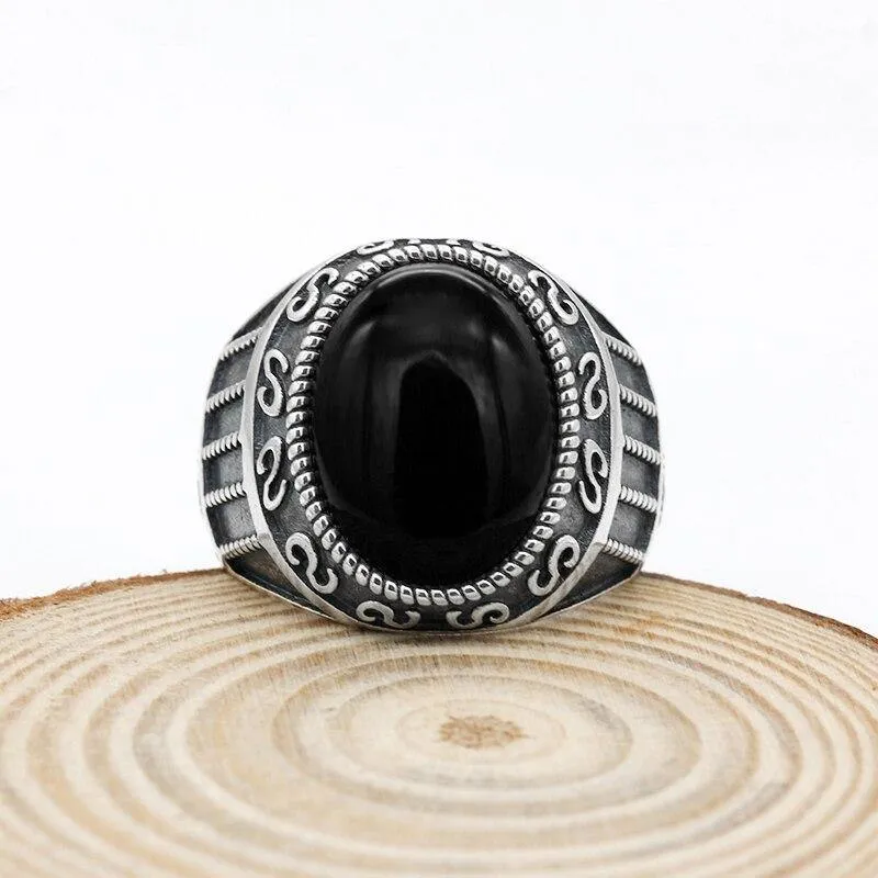 Silver Natural Black Agate Stone Handmade Ring