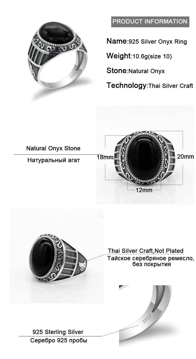 Silver Natural Black Agate Stone Handmade Ring
