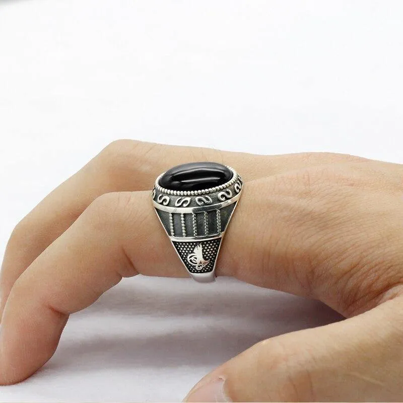 Silver Natural Black Agate Stone Handmade Ring