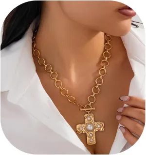 Simple Metal Link Chain Necklace Summer Beach Cross Pendant Pearl Clavicle Necklace Festival Bridal Circle Collar Body Chain Jewelry for Women