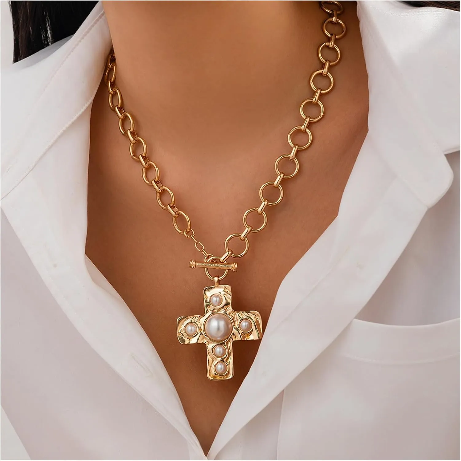 Simple Metal Link Chain Necklace Summer Beach Cross Pendant Pearl Clavicle Necklace Festival Bridal Circle Collar Body Chain Jewelry for Women