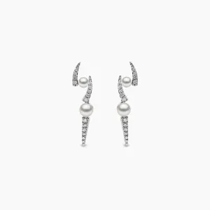 Sleek 18K Gold Pearl and Diamond Lightening Bolt Earrings