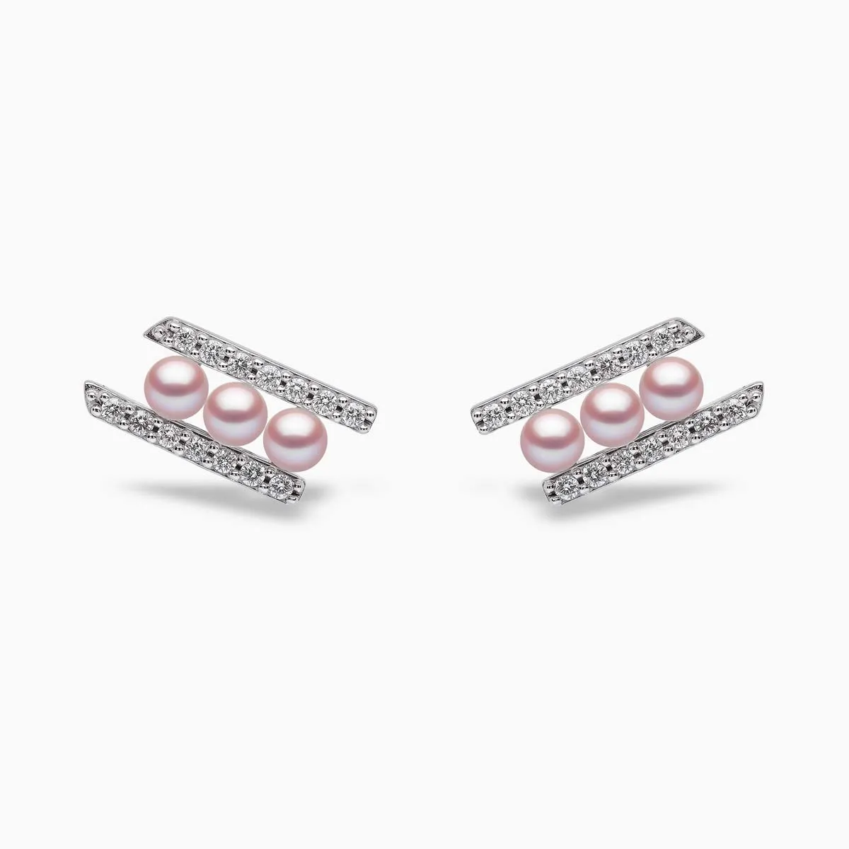 Sleek 18K Gold Pearl and Diamond Row Stud Earrings