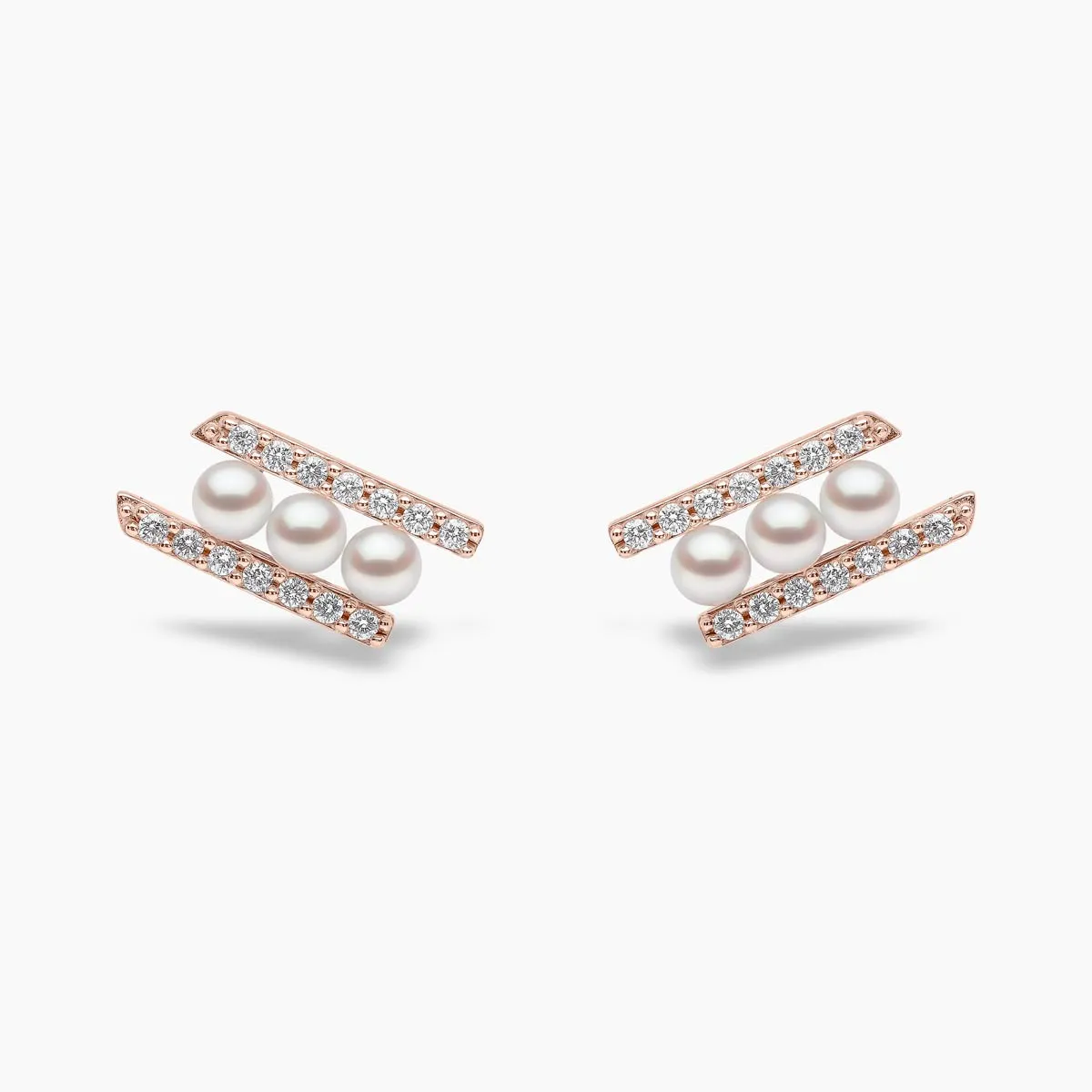 Sleek 18K Gold Pearl and Diamond Row Stud Earrings