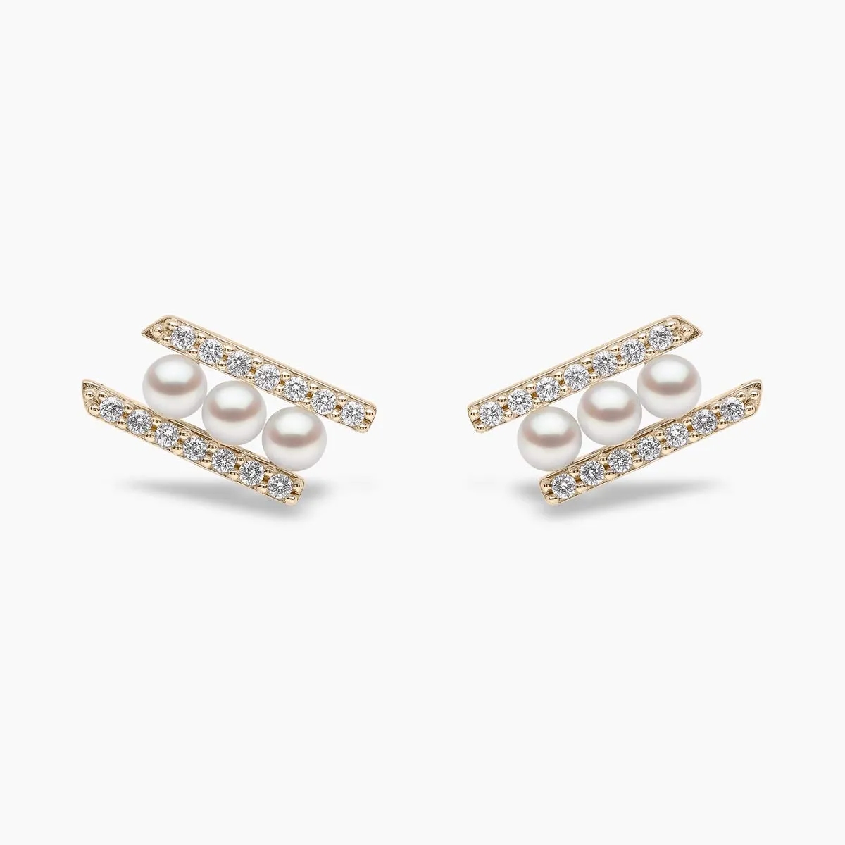 Sleek 18K Gold Pearl and Diamond Row Stud Earrings