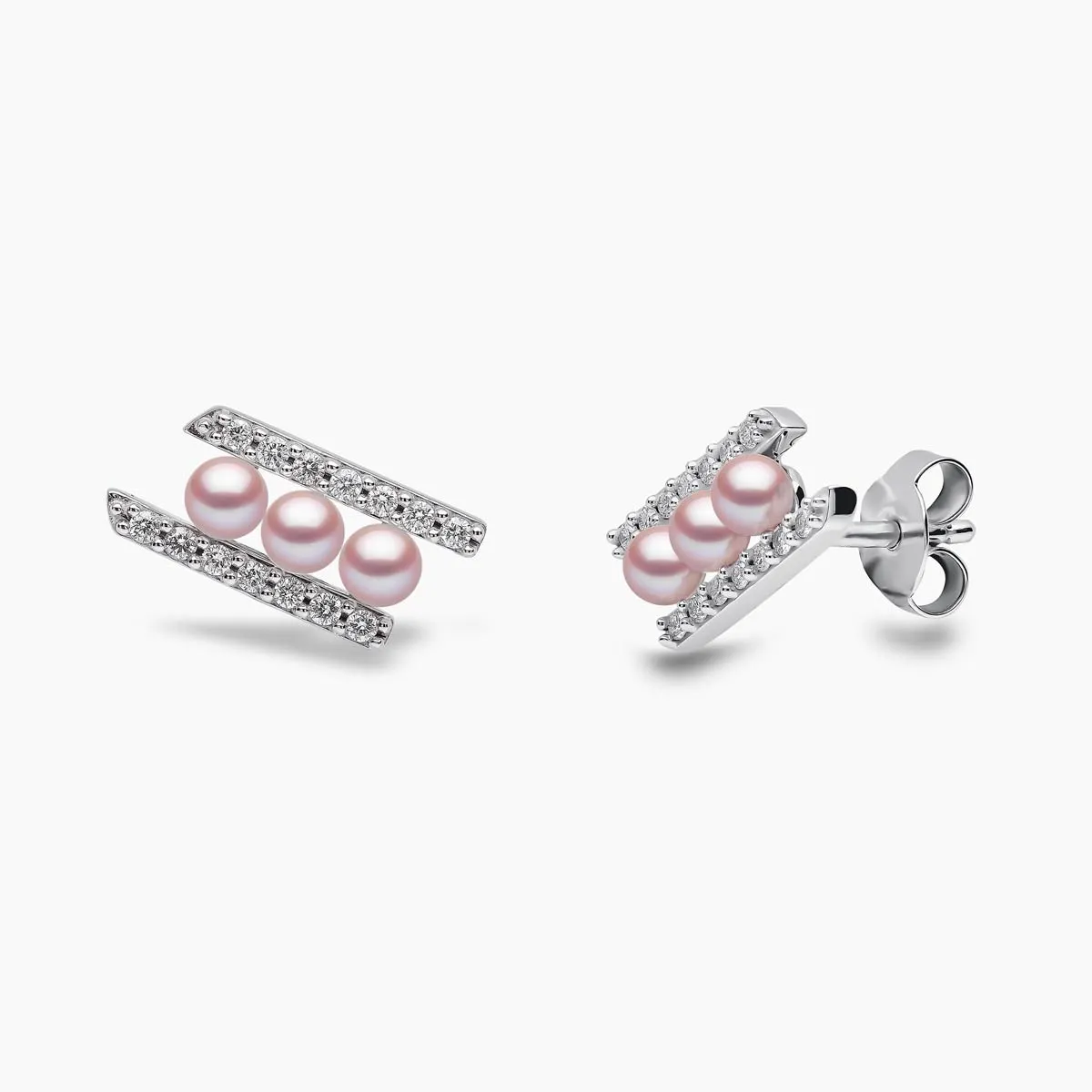 Sleek 18K Gold Pearl and Diamond Row Stud Earrings