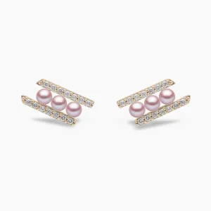 Sleek 18K Gold Pearl and Diamond Row Stud Earrings