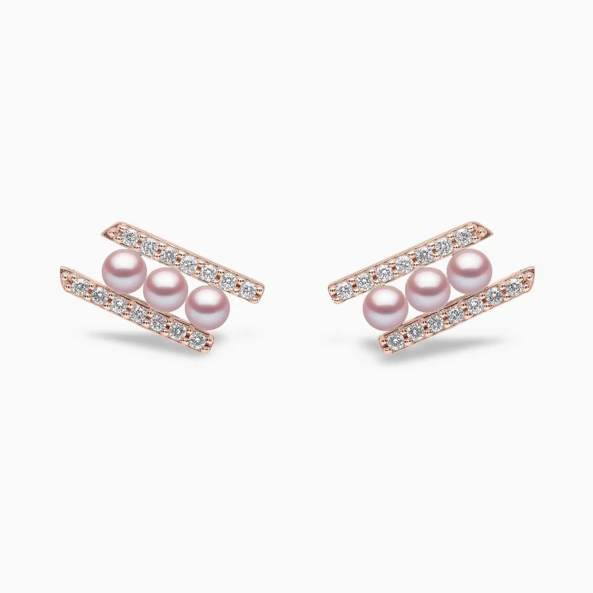 Sleek 18K Gold Pearl and Diamond Row Stud Earrings
