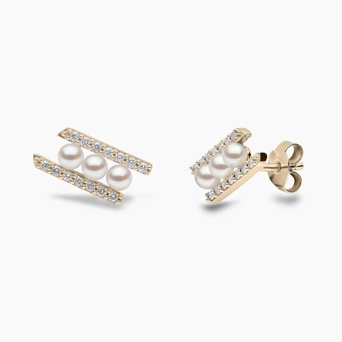 Sleek 18K Gold Pearl and Diamond Row Stud Earrings