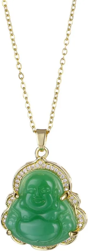 Smiling Laughing Buddha Pendant Green Jade Buddha Necklace Gold Color Link Chain Iced Out Bling Crystal Guanyin Amulet Necklace for Women Mom Jewelry