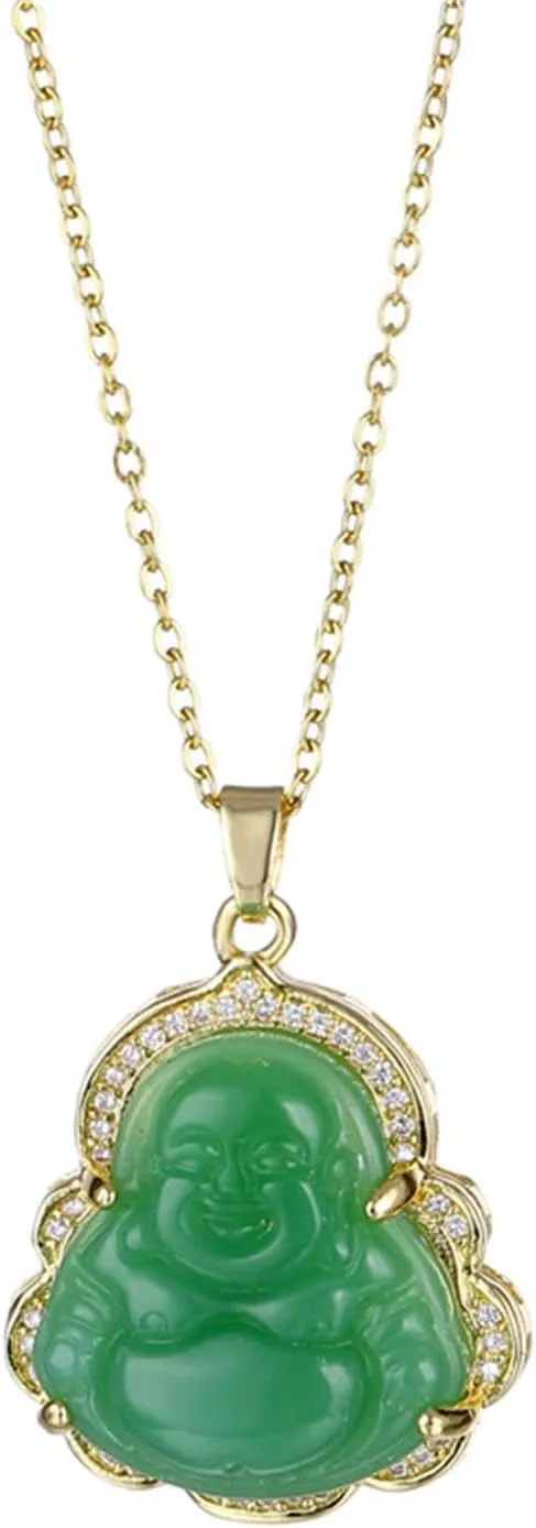 Smiling Laughing Buddha Pendant Green Jade Buddha Necklace Gold Color Link Chain Iced Out Bling Crystal Guanyin Amulet Necklace for Women Mom Jewelry