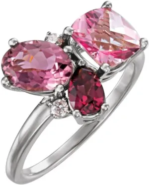 Solid 14k White Gold Multi-Gemstone and .05 Cttw Diamond Cluster Ring Band (Width = 12.2mm) - Size 8.5