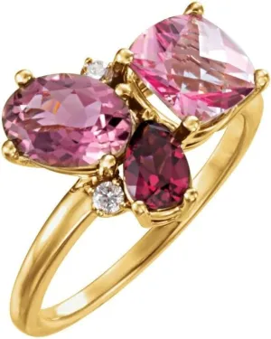 Solid 14k Yellow Gold Multi-Gemstone and .05 Cttw Diamond Cluster Ring Band (Width = 12.2mm) - Size 6