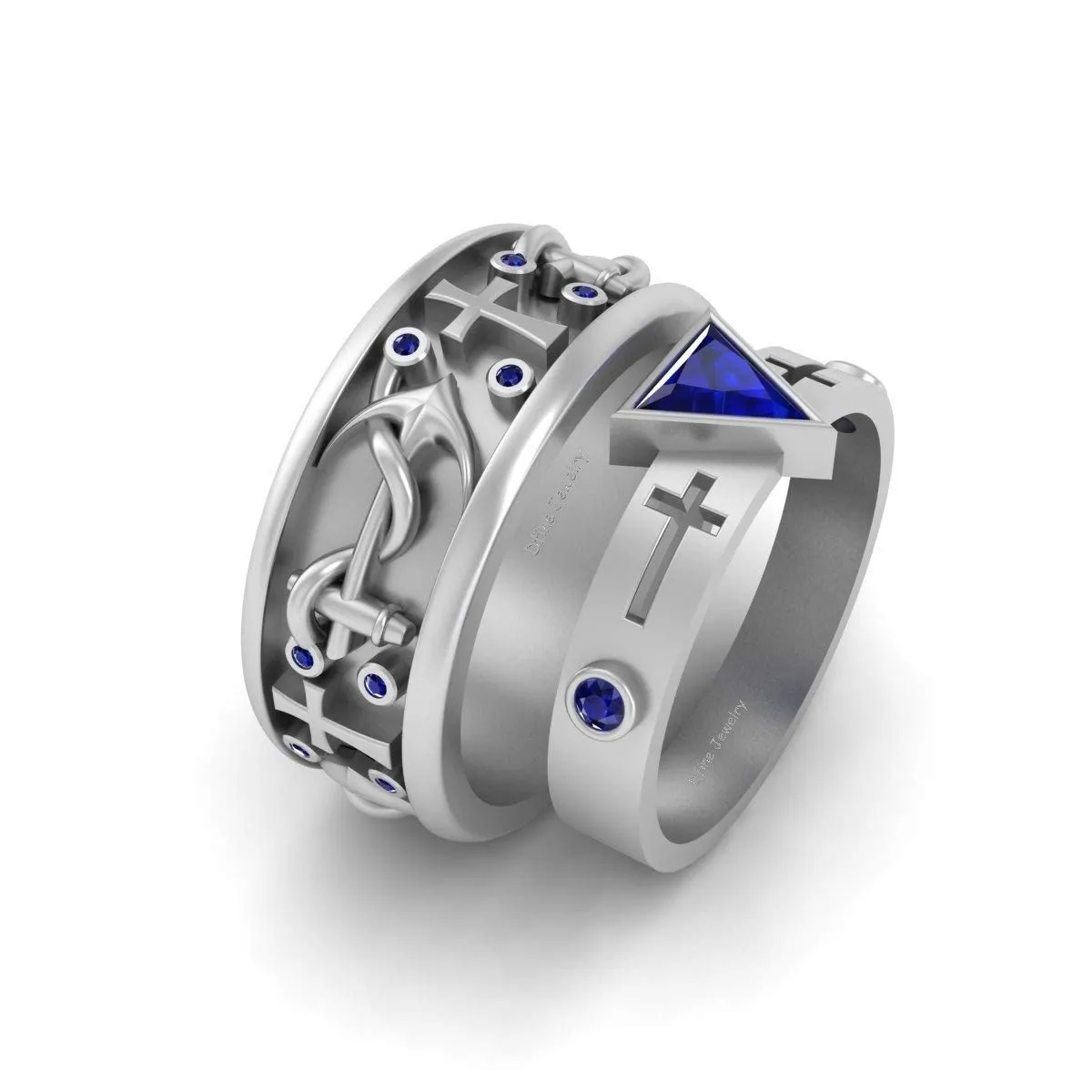 Solid 925 Sterling Silver Blue Sapphire Holy Cross Anchor Wedding Ring Band Set His and Hers Matching Cross Couple Set