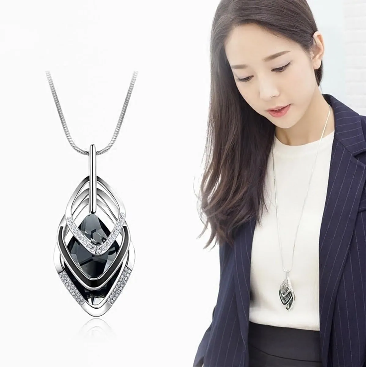 Solid Long Sweater Necklaces for Women Elegant Triple Stack Cubic Zirconia Pendant Rhombic Rhinestone Pendant Y Necklaces Fashion Jewelry??