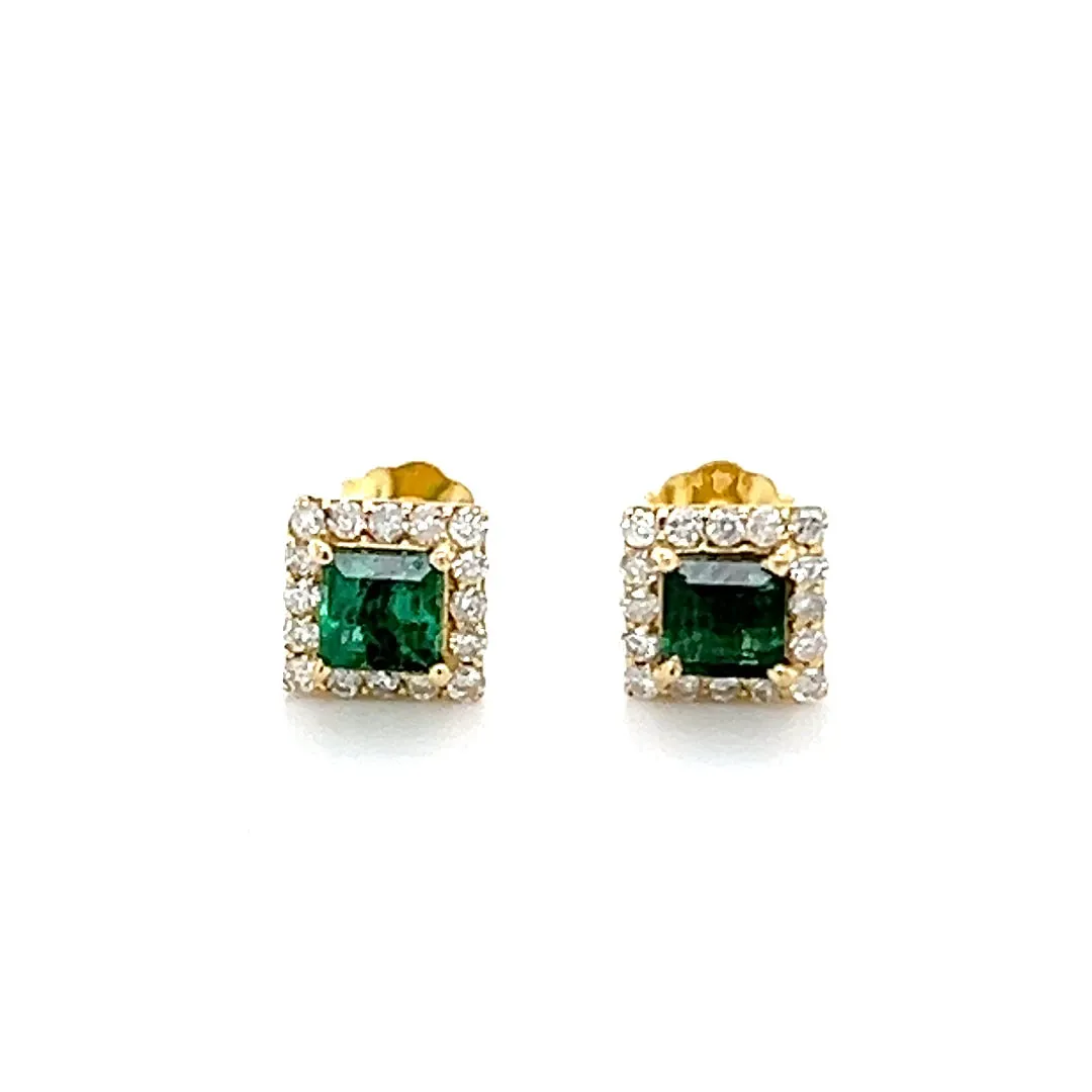 Square Emerald With Diamond Halo Studs