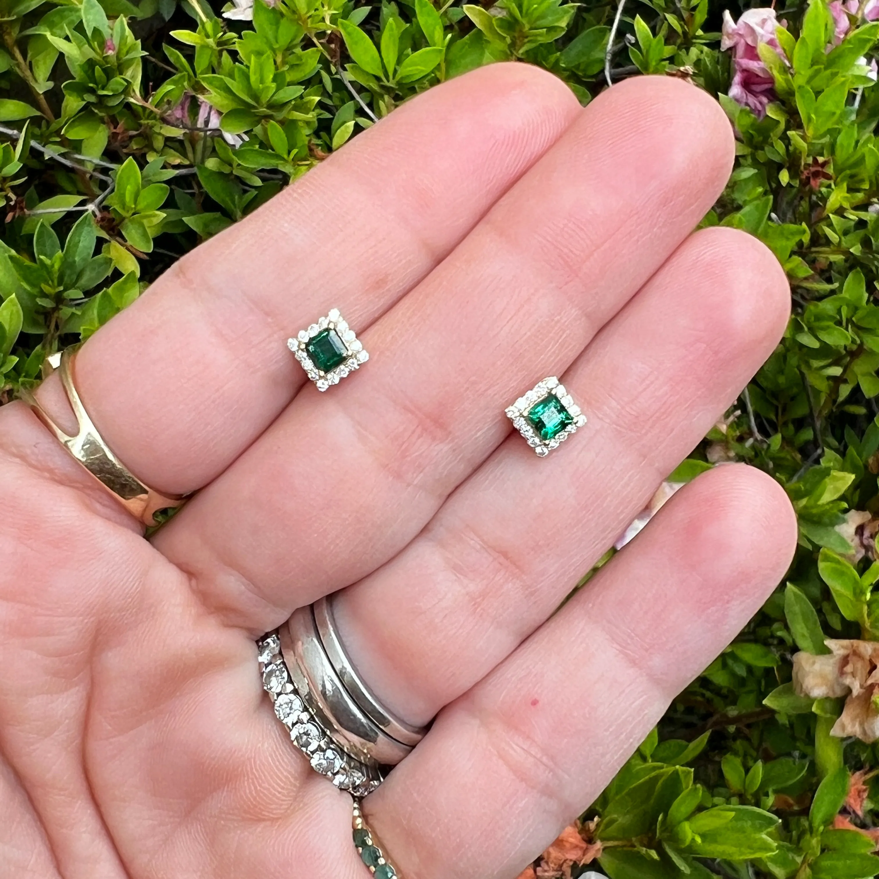 Square Emerald With Diamond Halo Studs