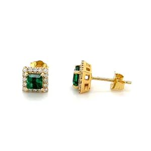 Square Emerald With Diamond Halo Studs