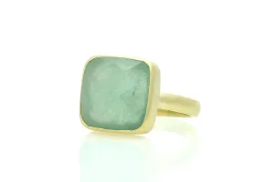 Square Green Aventurine Ring - Faceted Gold Bezel Set Gemstone - Brushed Gold Square Cut Stone Ring - Elegant Green Gemstone Jewelry