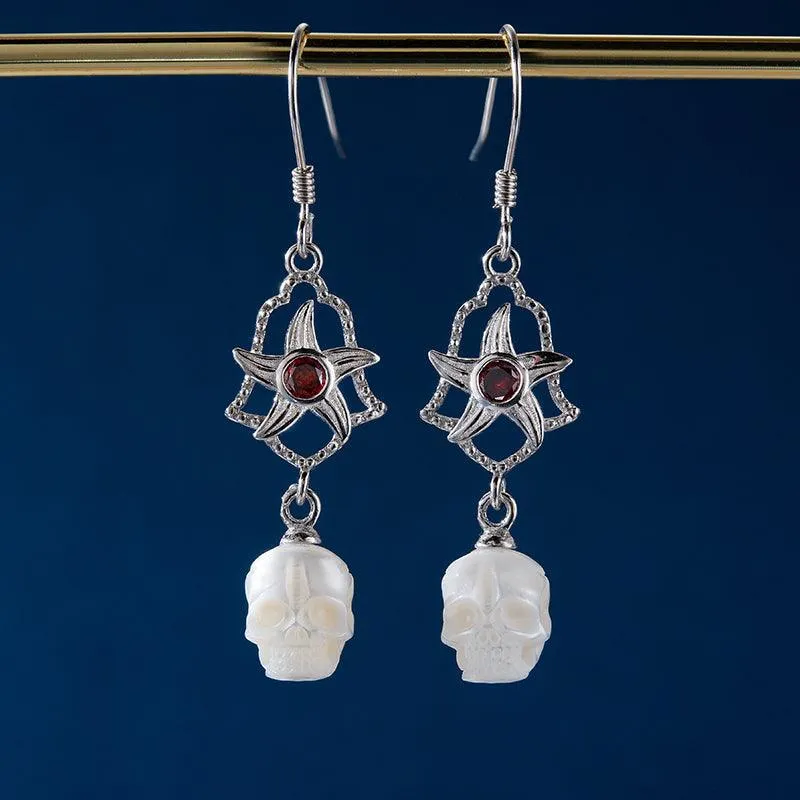 Starfish Bell Amber Stone Pearl Skull Earrings