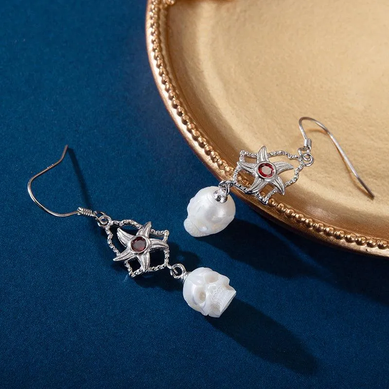 Starfish Bell Amber Stone Pearl Skull Earrings