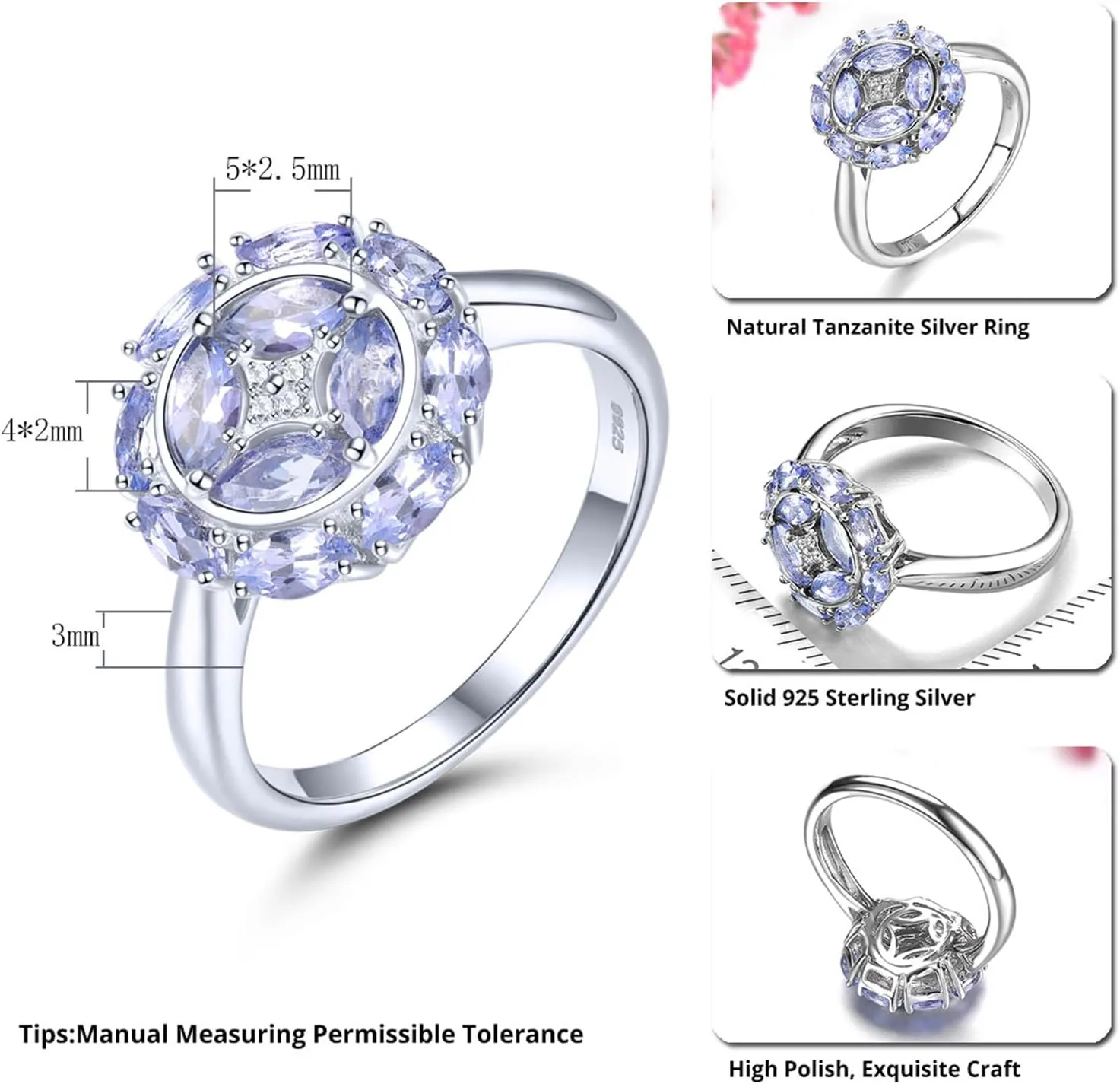 Statement Rings for Women S925 Sterling Silver Genuine Natural Gemstone Chrome Diopside Tanzanite Birthstone Promise Ring Classic Style Fine Jewelry