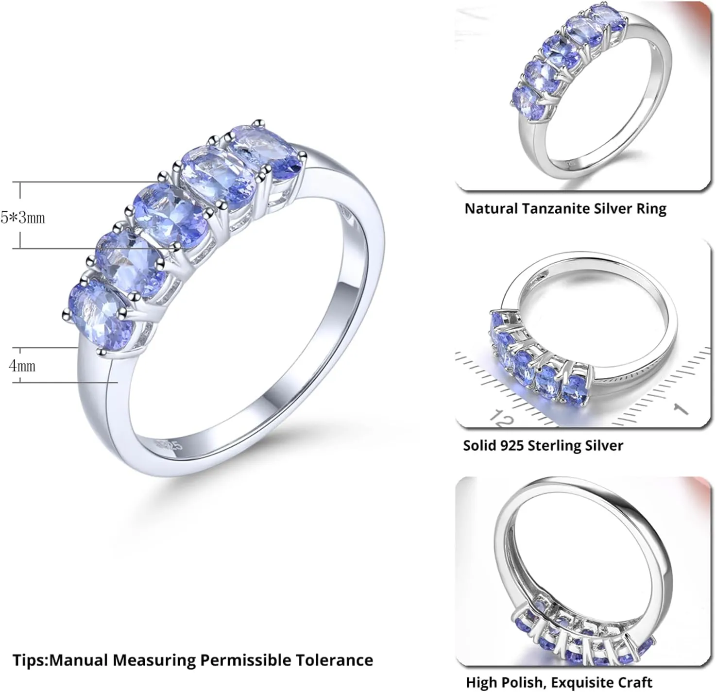 Statement Rings for Women S925 Sterling Silver Real Genuine Natural Tanzanite Birthstone Promise Ring Simple Classic Style Women's Fine Jewelry for Her