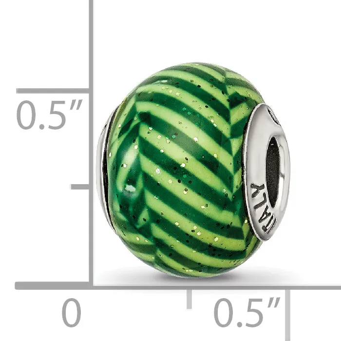 **Sterling Silver 925 Glass Bead with Polished Green Stripes and Glitter Italian Style Elegance**