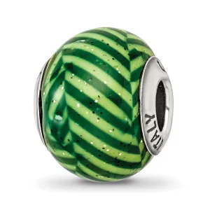 **Sterling Silver 925 Glass Bead with Polished Green Stripes and Glitter Italian Style Elegance**