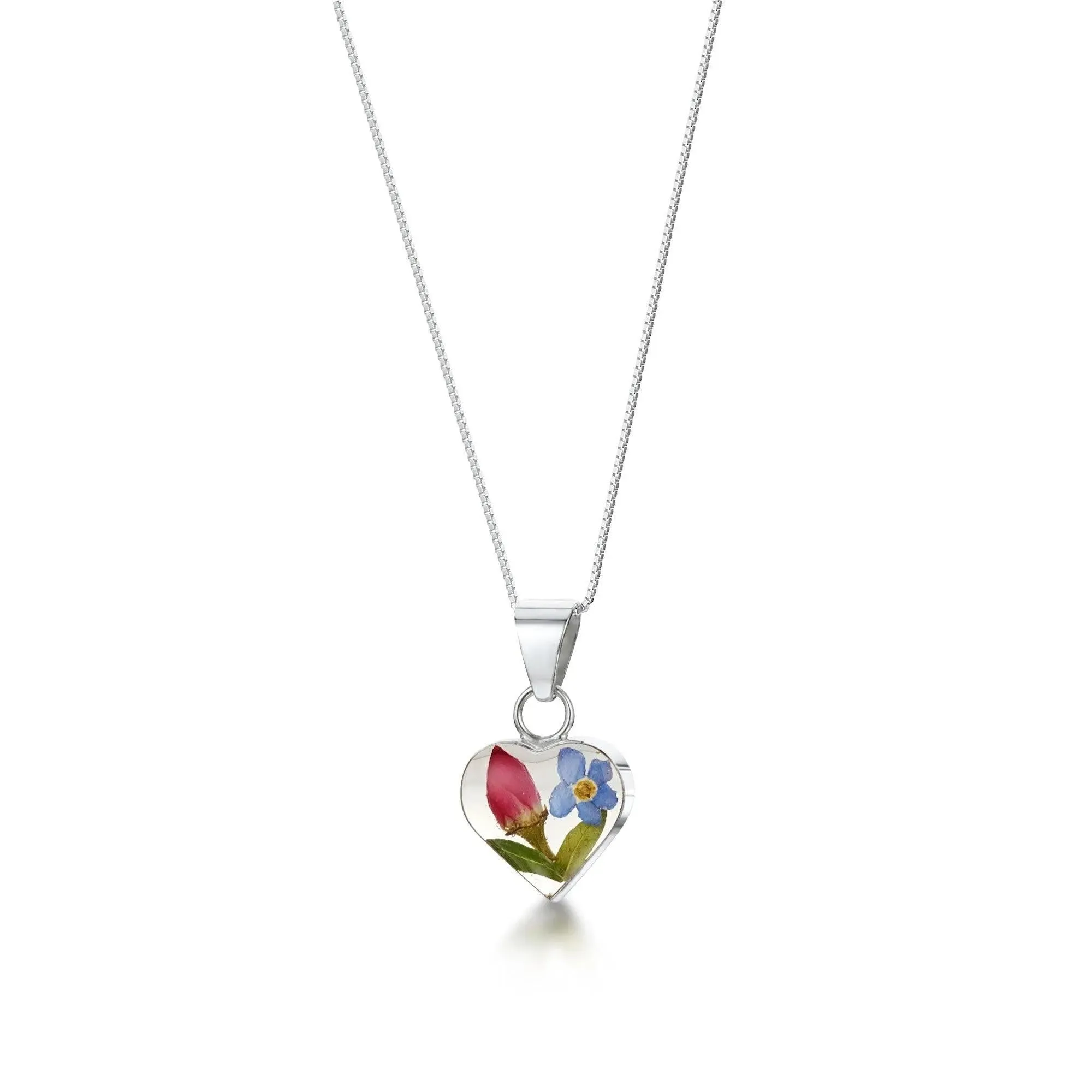 Sterling silver heart pendant with a real forget-me-not & miniature rose. Romantic valentine jewellery gift.