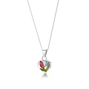 Sterling silver heart pendant with a real forget-me-not & miniature rose. Romantic valentine jewellery gift.