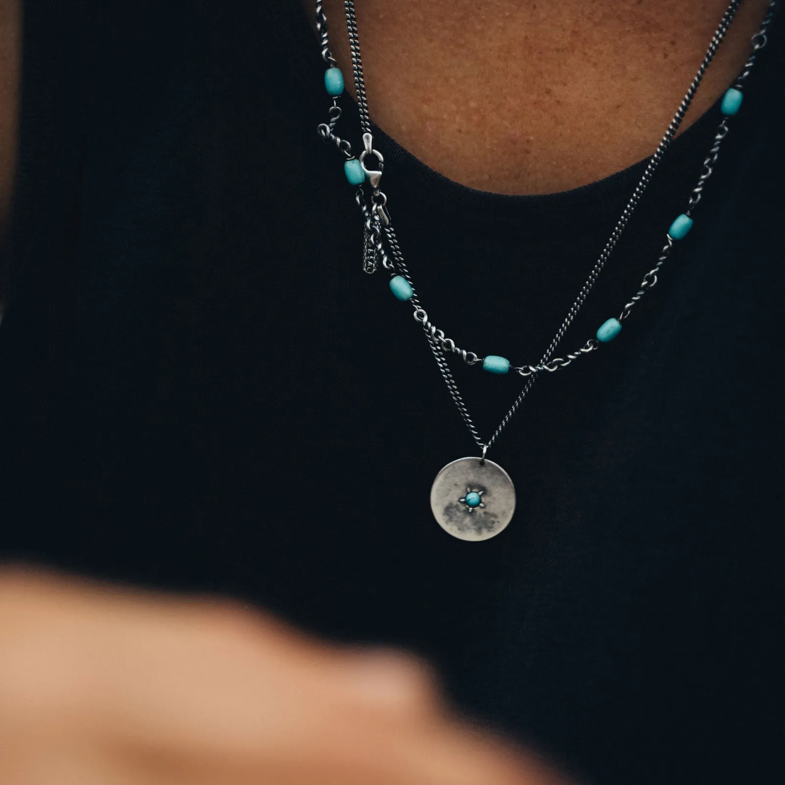 Sterling Silver Modern Medallion Necklace with Turquoise
