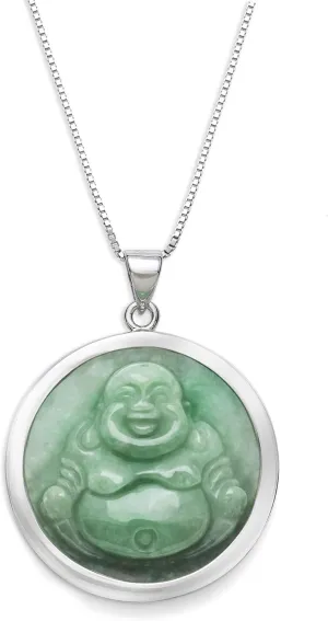 Sterling Silver Natural Green Jade Buddha Necklace,18"