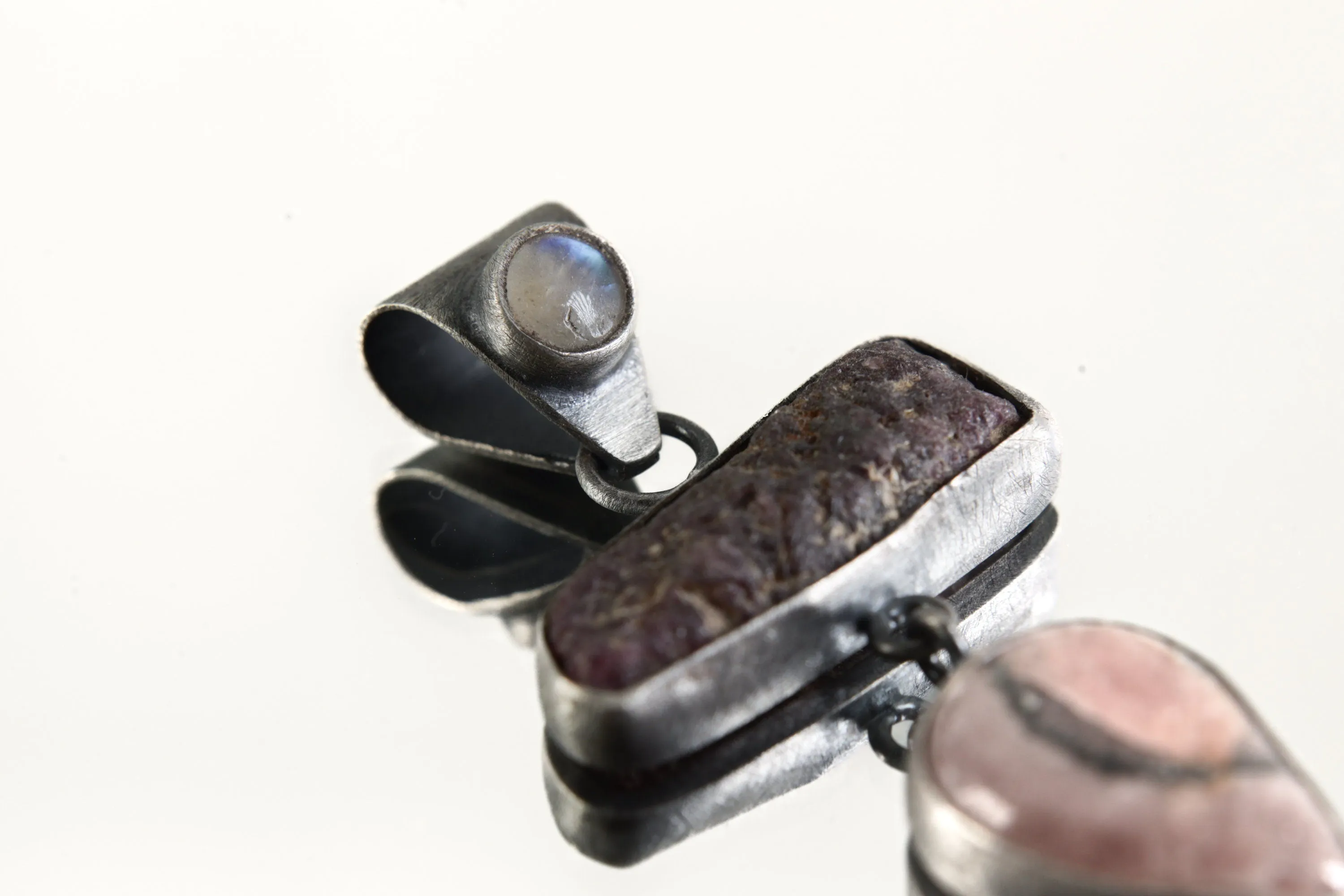 Sterling Silver Pendant with Moonstone Raw Ruby & Rhodochrosite Dangle Charm, Brushed, Oxidized Heart/Root Chakra Love Passion Cancer/Leo