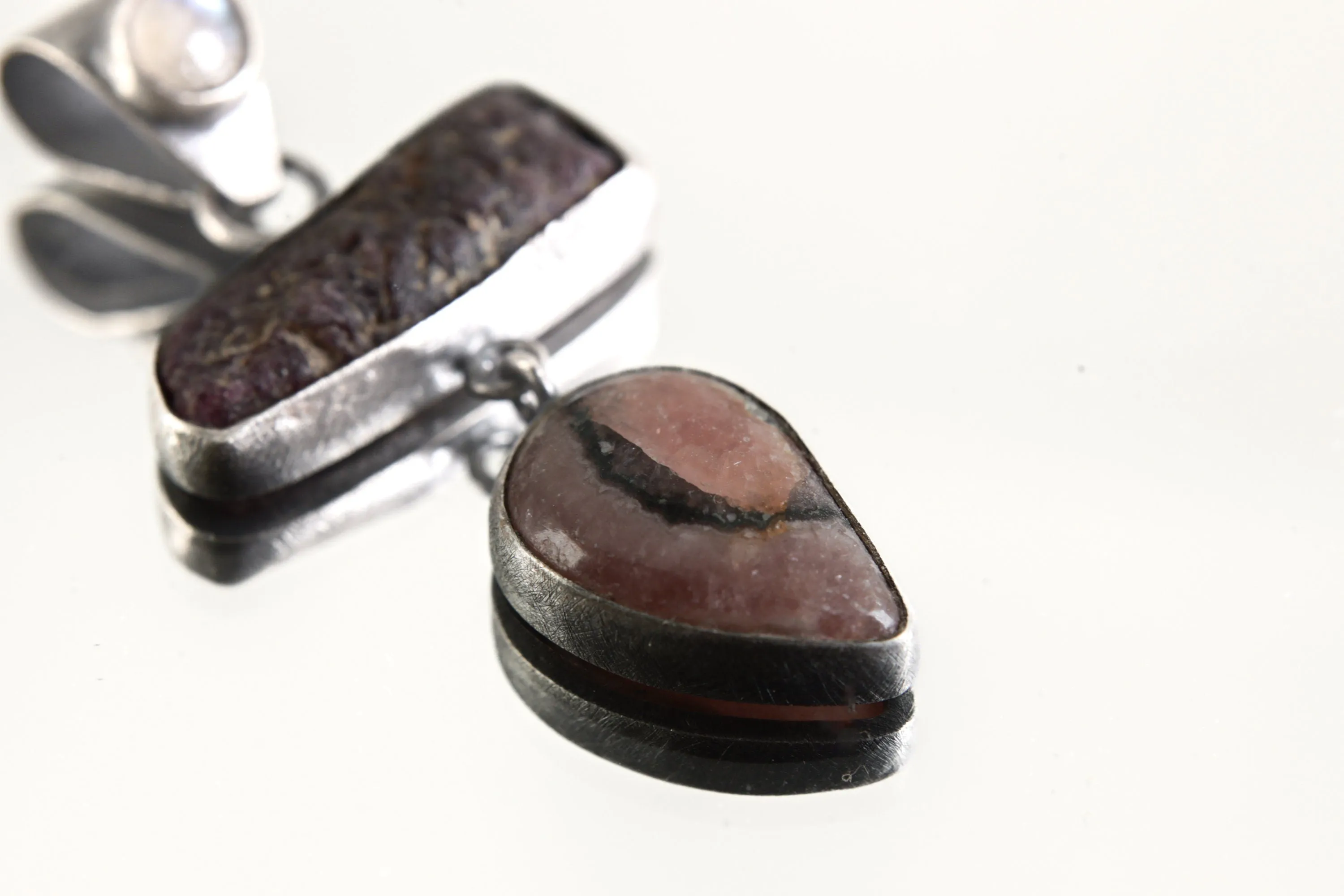 Sterling Silver Pendant with Moonstone Raw Ruby & Rhodochrosite Dangle Charm, Brushed, Oxidized Heart/Root Chakra Love Passion Cancer/Leo