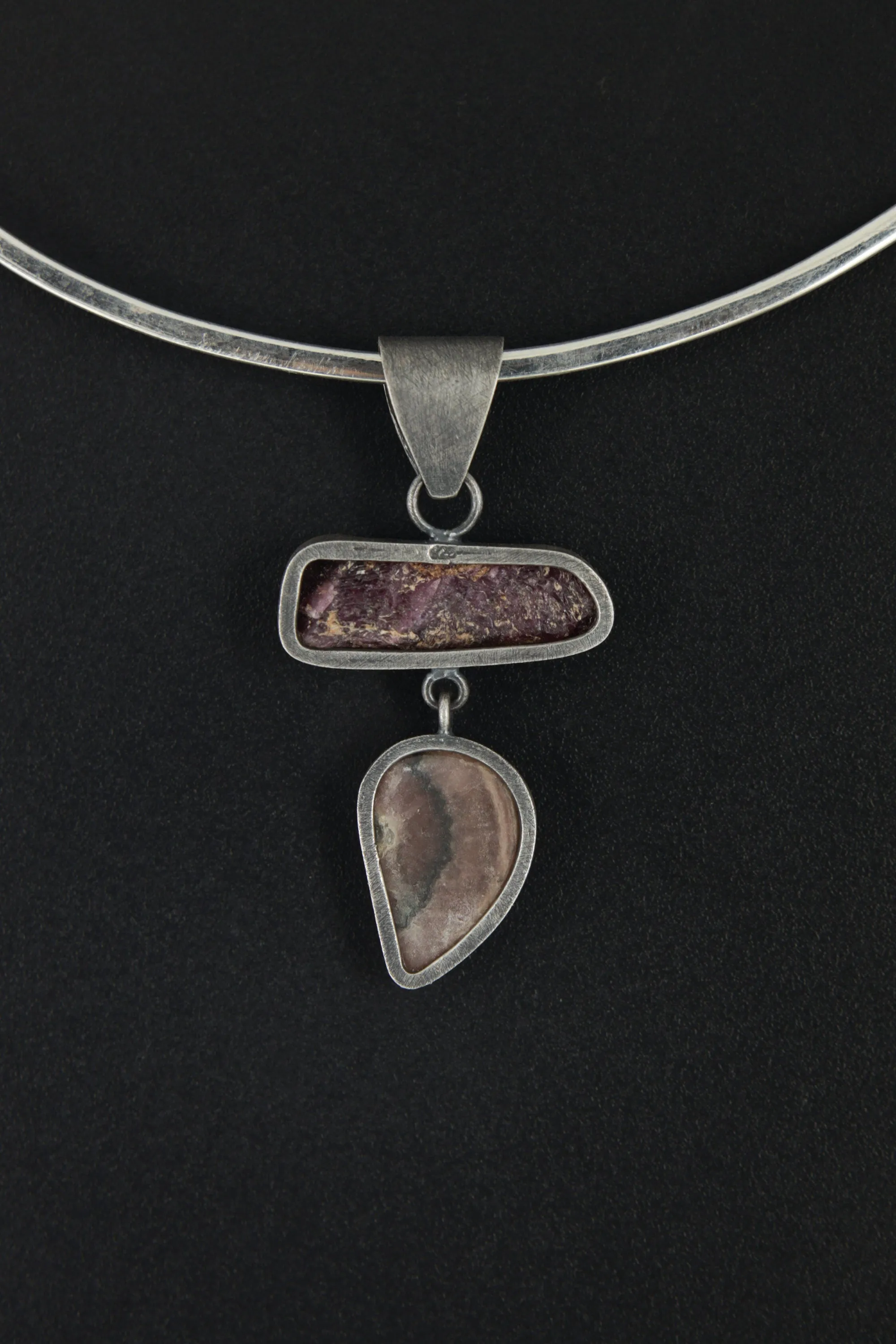Sterling Silver Pendant with Moonstone Raw Ruby & Rhodochrosite Dangle Charm, Brushed, Oxidized Heart/Root Chakra Love Passion Cancer/Leo