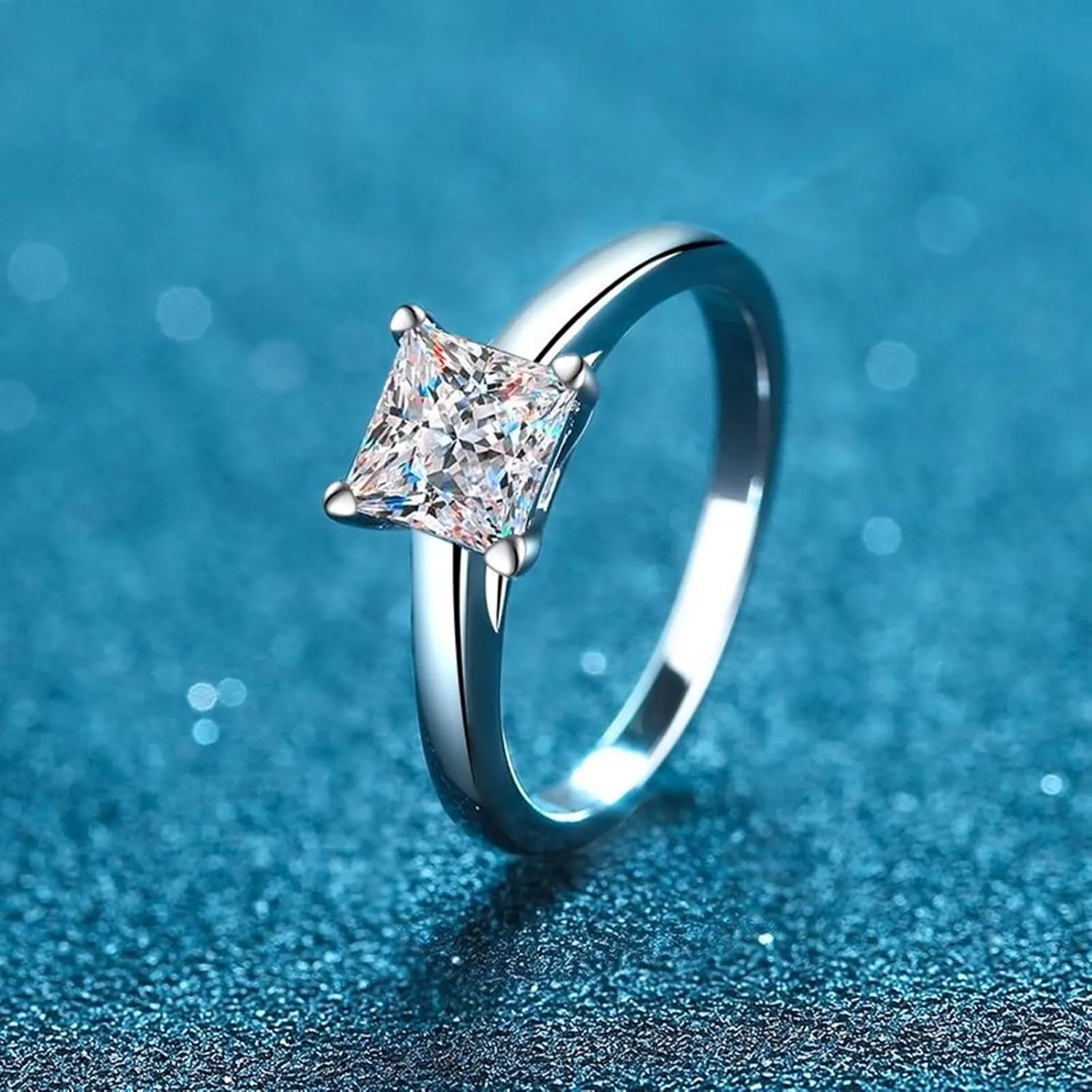 Sterling Silver Rings Women Gemstone, Silver Stack Rings Square Shape with Moissanite