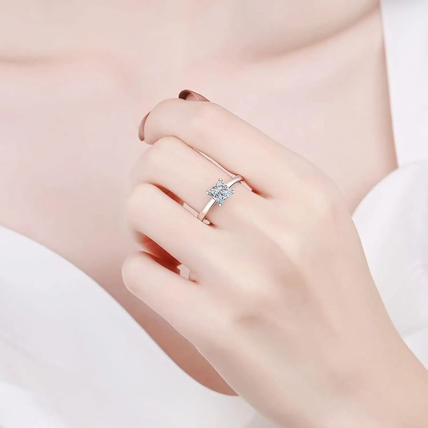 Sterling Silver Rings Women Gemstone, Silver Stack Rings Square Shape with Moissanite